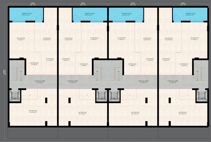 Basement plan of Trehan Luxury Floors showing personal My Space utility areas, common lobby and lift