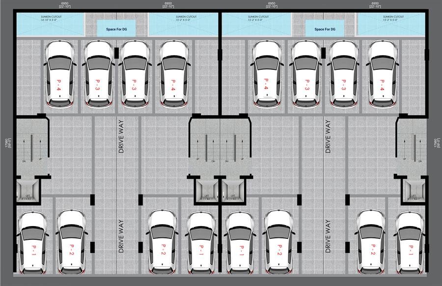 Stilt parking plan of Trehan Luxury Floors showing allotted car parks, driveway, DG space and lift