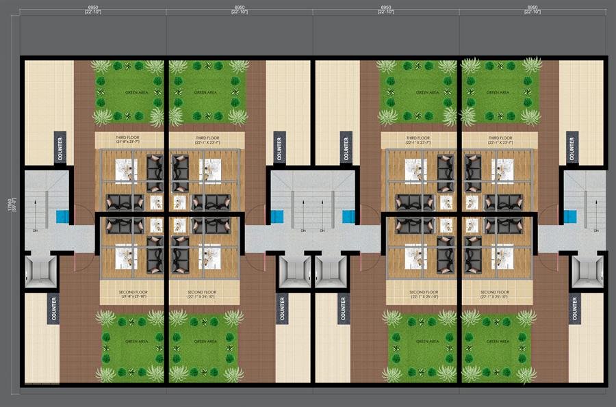 Terrace plan of Trehan Luxury Floors showing green areas, seating decks and counters for second and third floor terraces