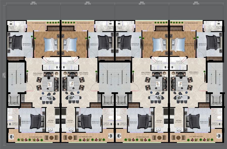 Typical 3 BHK floor plan of Trehan Luxury Floors showing three bedrooms, drawing and dining, kitchen, three toilets and two balconies