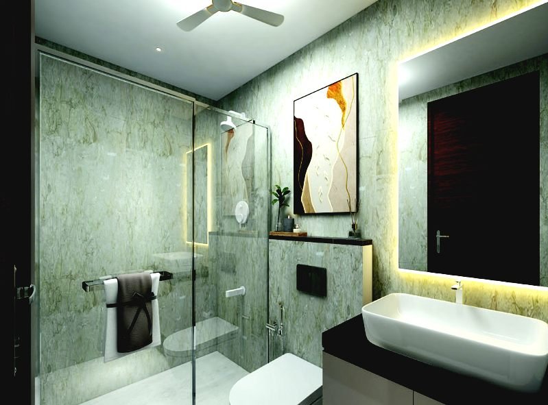 Premium bathroom with glass shower partition and backlit mirror in Trehan Luxury Floors