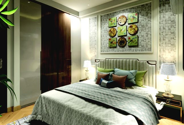 Guest bedroom with upholstered headboard and wall art in Trehan Luxury Floors