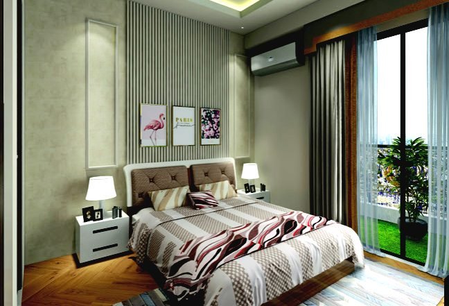 Master bedroom with balcony access and wooden flooring in Trehan Luxury Floors Sector 35 Sohna