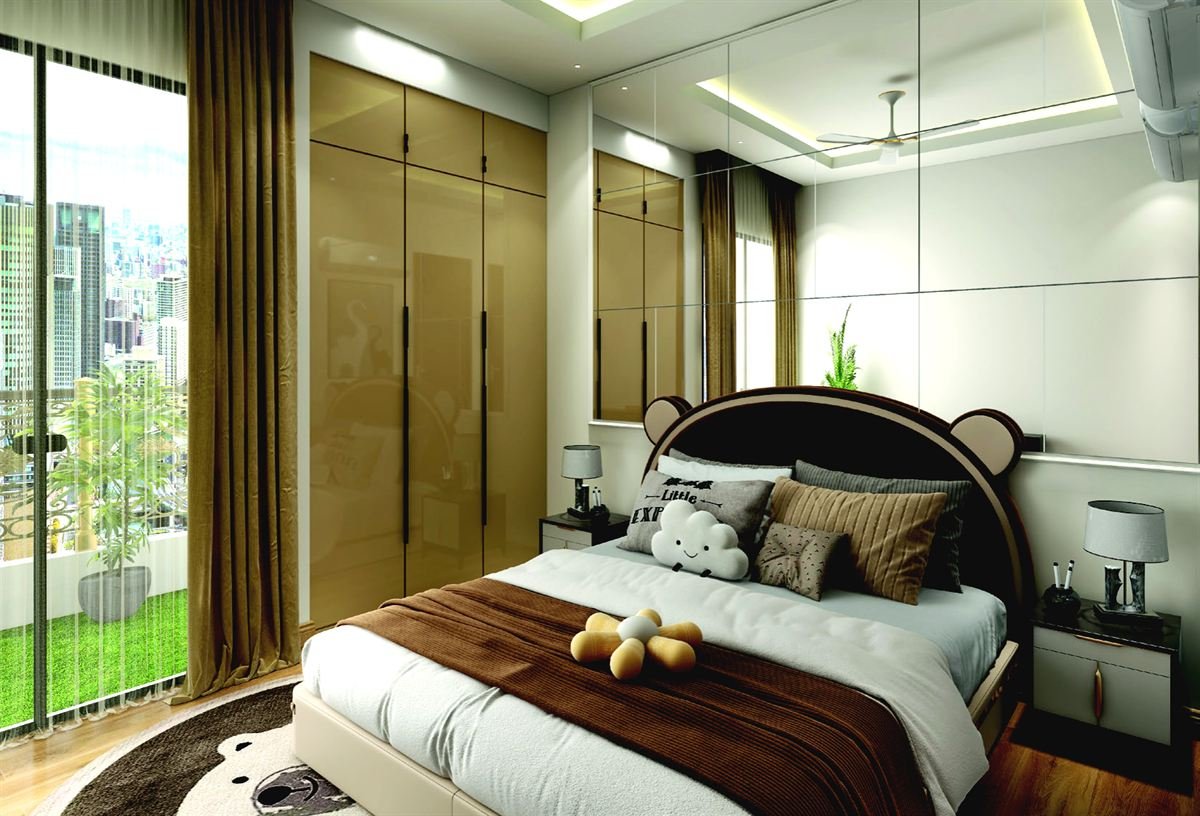 Kids bedroom with wardrobes and city-view window in Trehan Luxury Floors Sohna