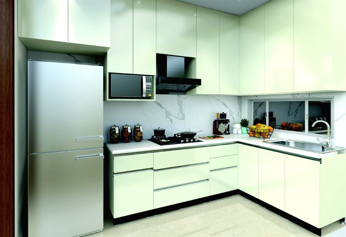 Modular kitchen with quartz counter, hob, chimney and marble backsplash in Trehan Luxury Floors