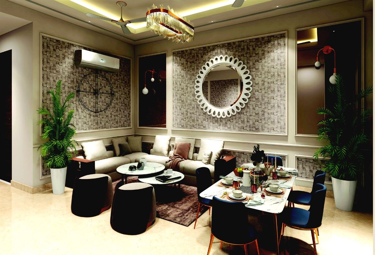 Spacious living and dining area with designer chandelier and marble flooring in Trehan Luxury Floors Sohna