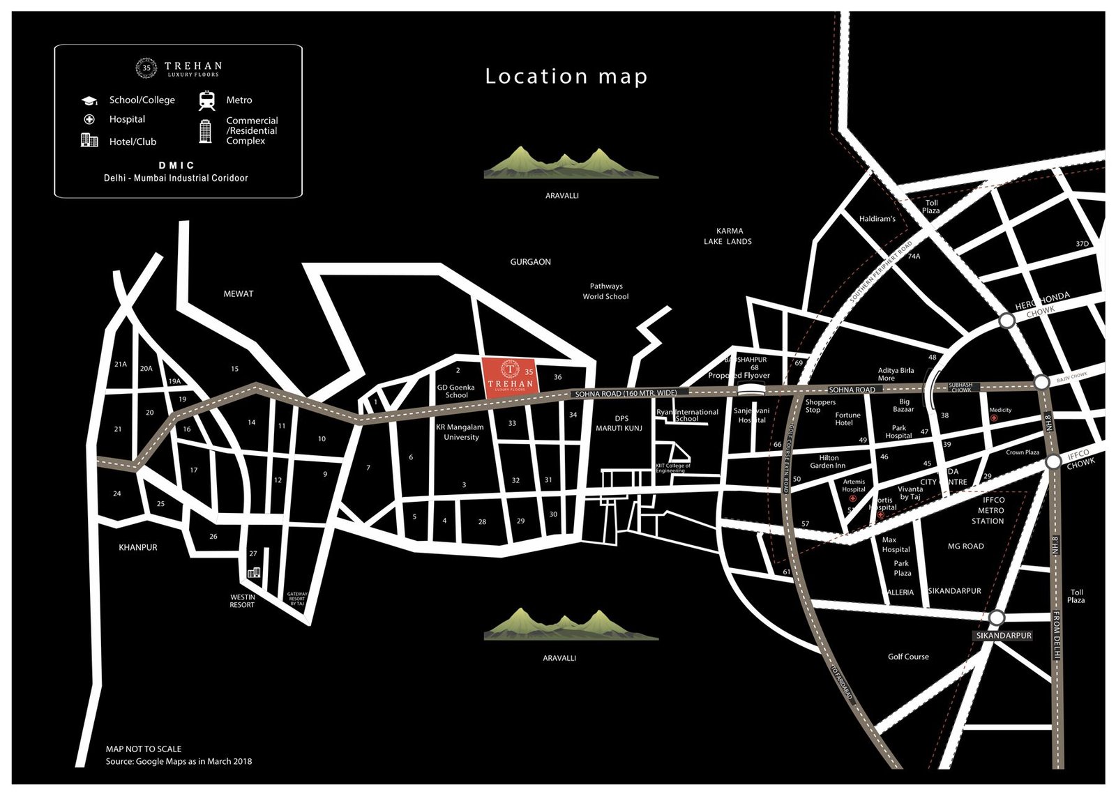 Official location map of Trehan Luxury Floors Sector 35 Sohna showing Sohna Road, NH-8, schools, hospitals and malls of Gurugram