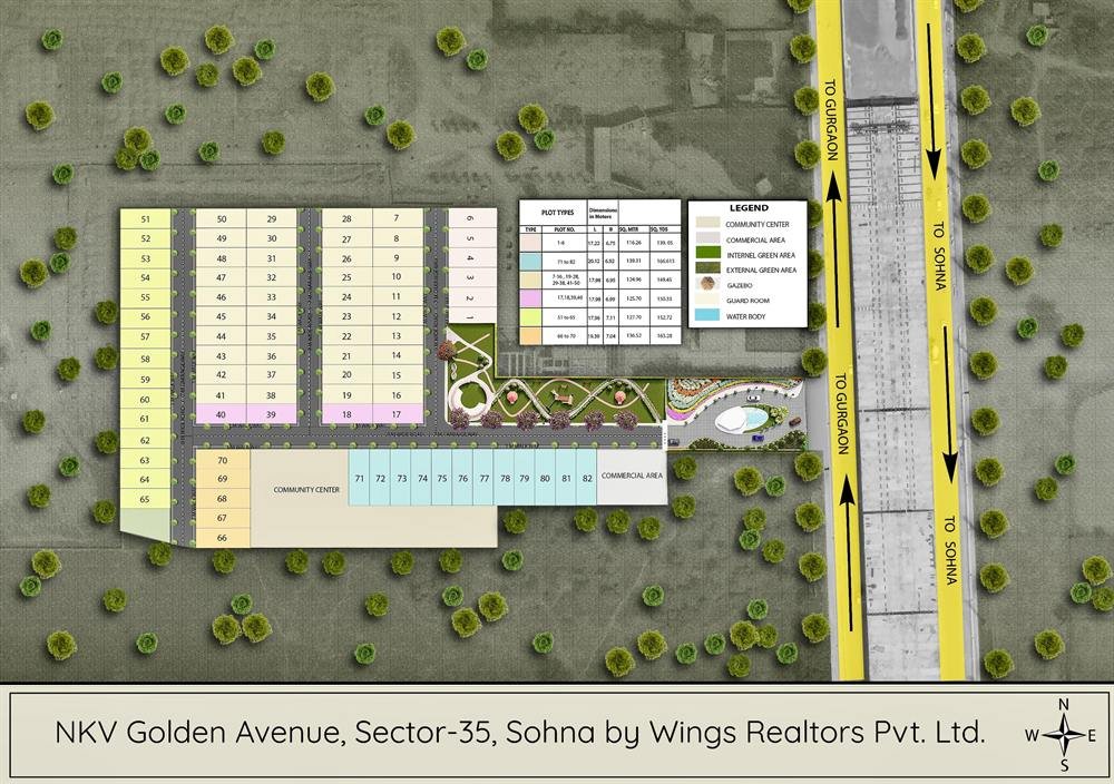 NKV Golden Avenue Sector 35 Sohna site layout plan showing plots, community centre, commercial area, green areas, water body and Sohna-Gurgaon road